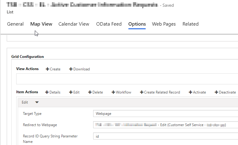 Configure entity list action screenshot
